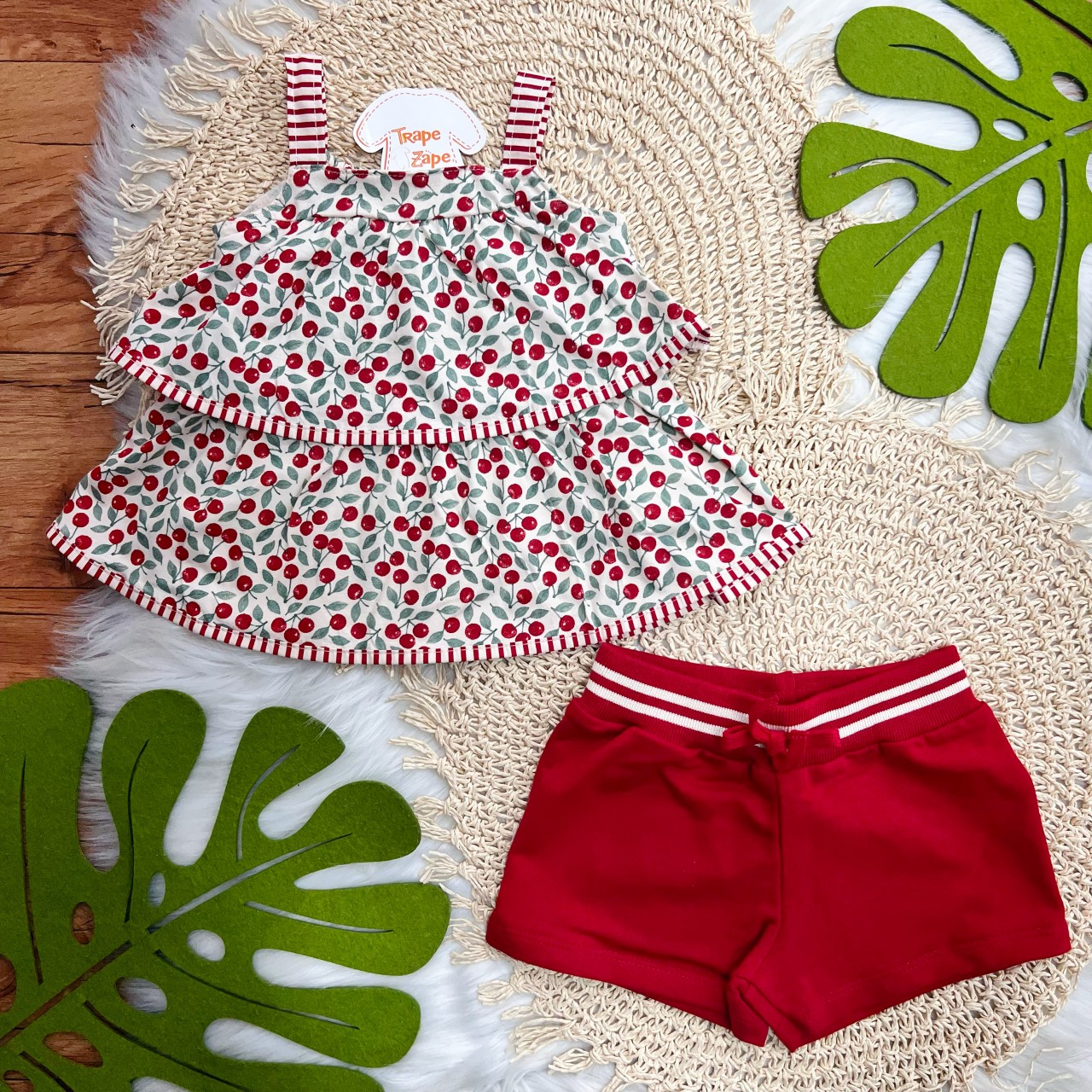 Conj. Batinha Mini Cerejinhas e Short - Areia e Vermelho